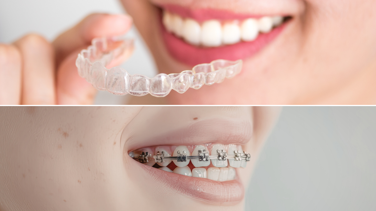 Side-by-side visual comparison of Invisalign clear aligners and traditional metal braces showing the aesthetic and functional differences between both orthodontic treatments